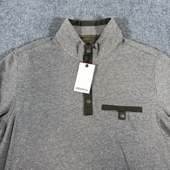 New Untuckit Pullover Mens L Gray Parkson Mock Neck Sweater Snap Button Fleece